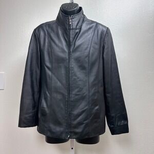 Worthington Lambskin Leather Jacket Full Zip Mock Neck‎ Black Medium